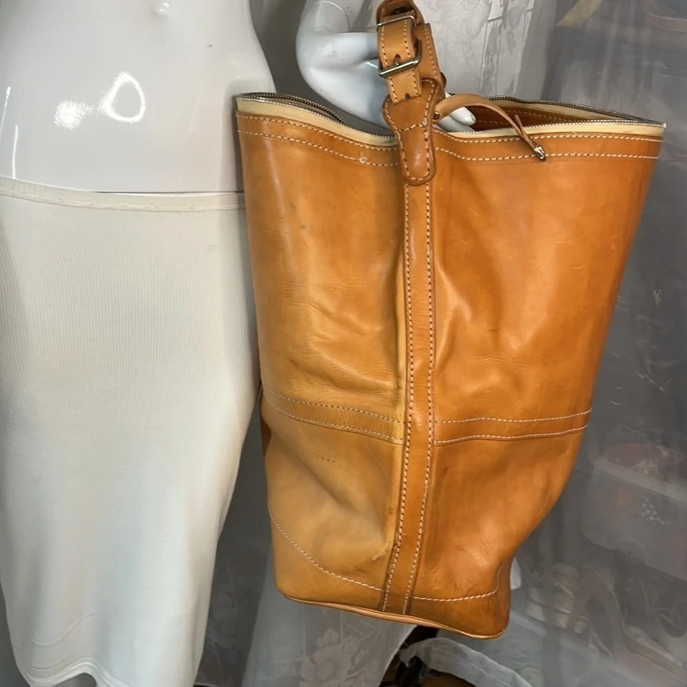 Large Tall Belting Leather Zip Tongue Groove Closure Hand Crossbody Bucket Bag